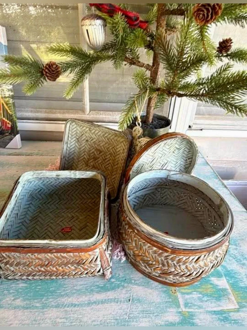 Set of 2 Distressed Woven Wicker Baskets Round and Square 7x5 Lidded Bombay